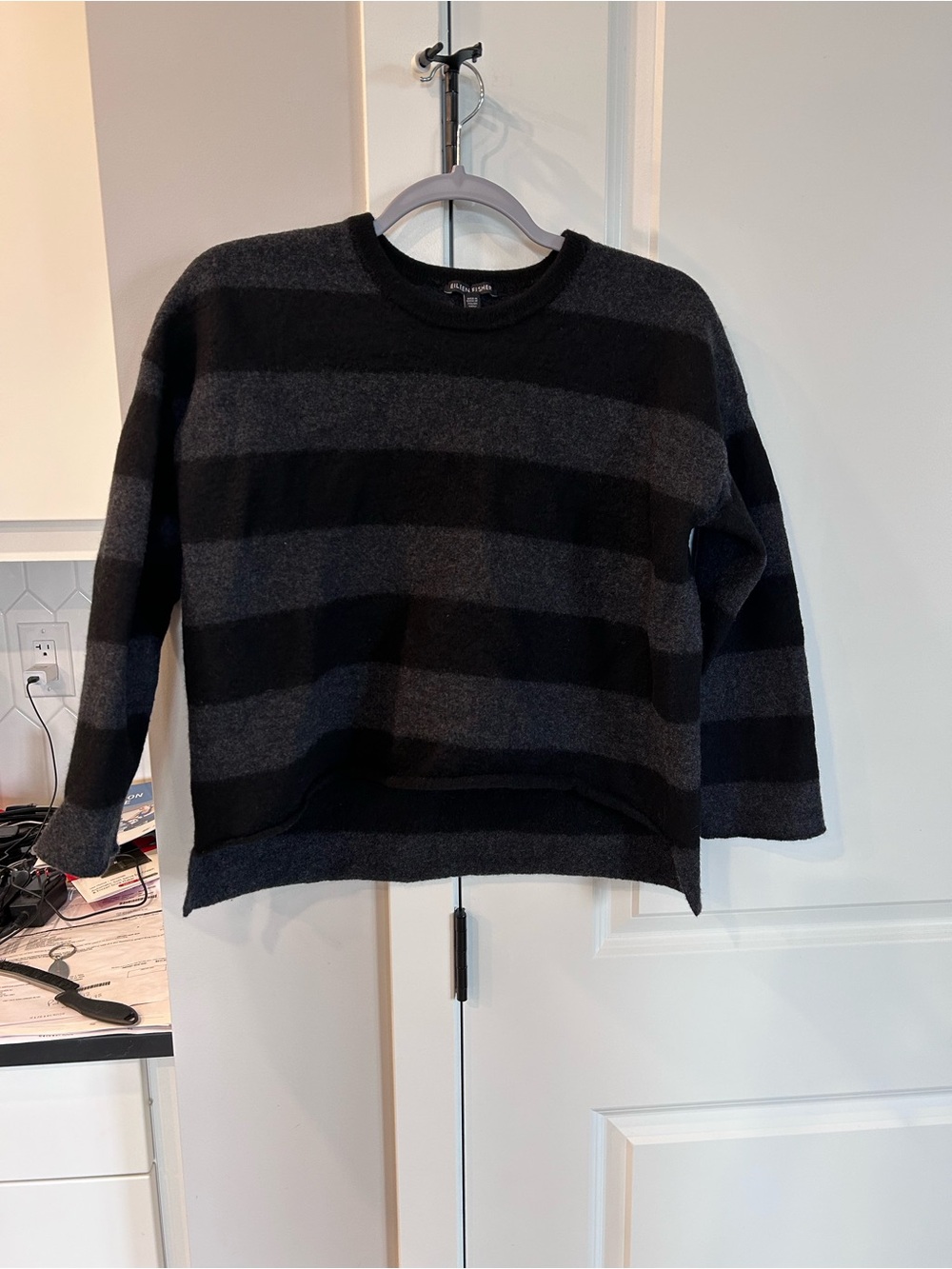 Eileen Fisher 100% Merino Wool Striped Crewneck Sweater Black Charcoal Cozy